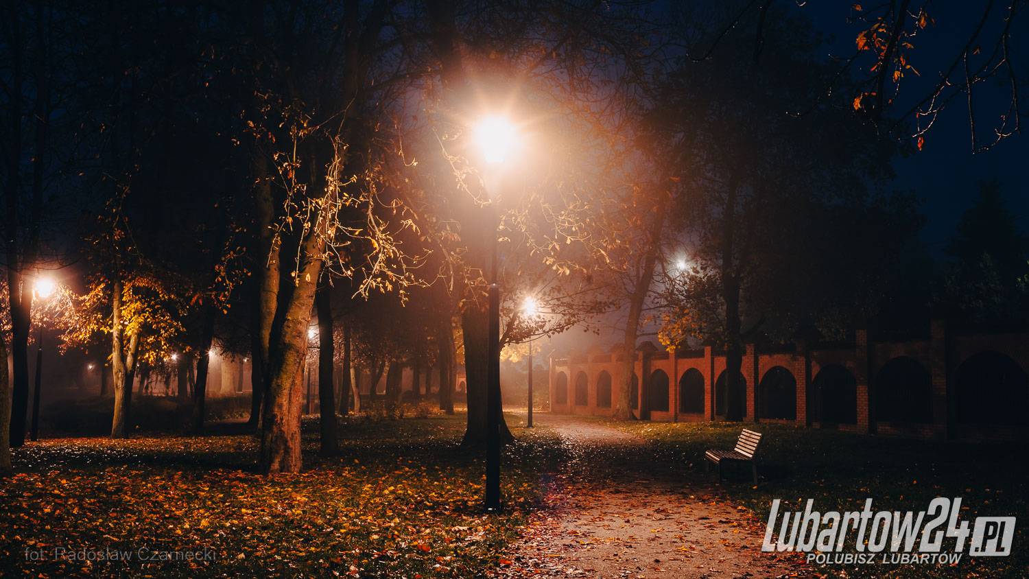 Park skąpany w listopadowej mgle