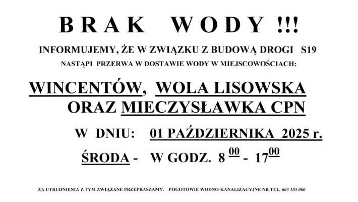 Uwaga - przerwa w dostawie wody