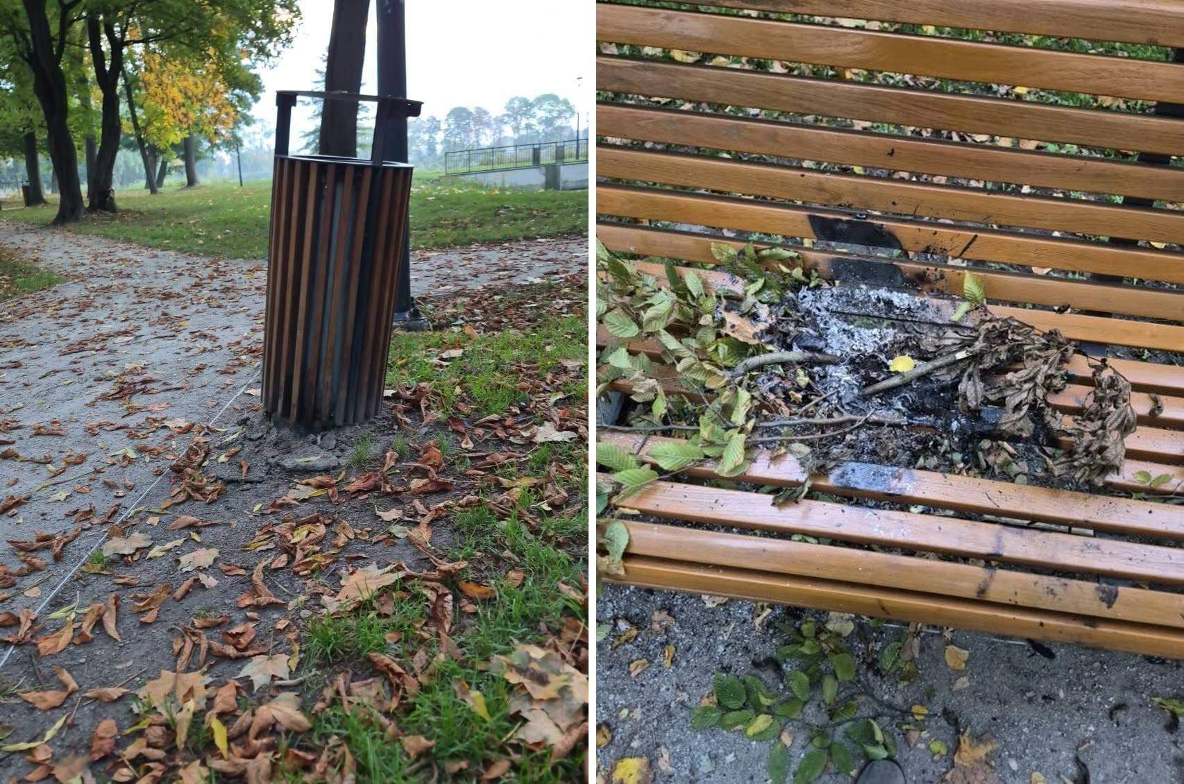 na ławce w parku rozpalili ognisko
