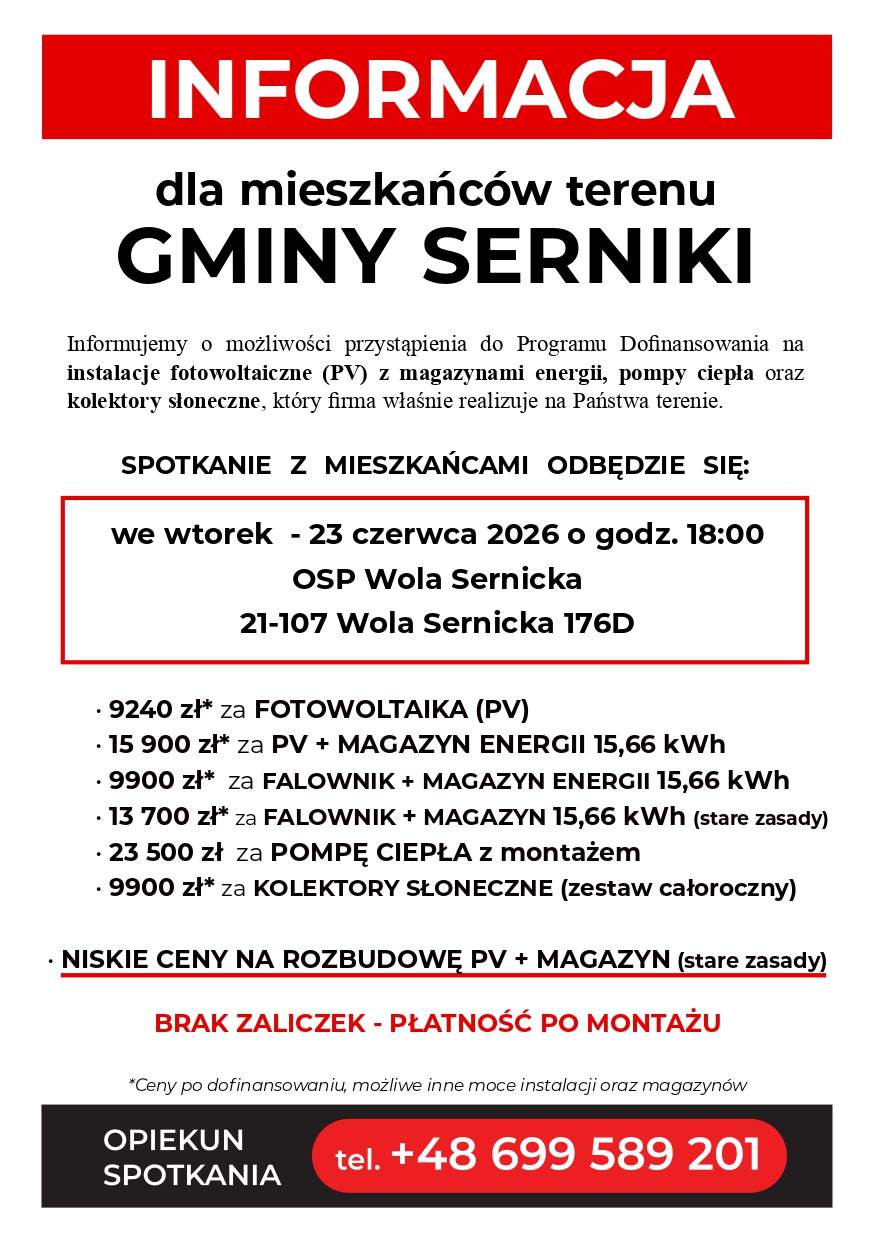 INFORMACJA dla mieszkańców terenu GMINY SERNIKI