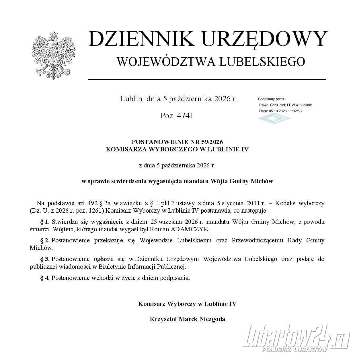Mandat wójta gminy Michów wygasł